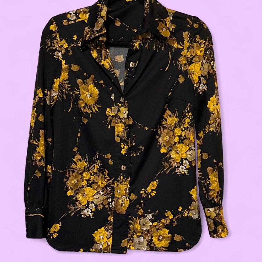 VTG 70s Anjac Fashions Floral Dagger Collar Blouse | Black & Mustard Yellow sz s